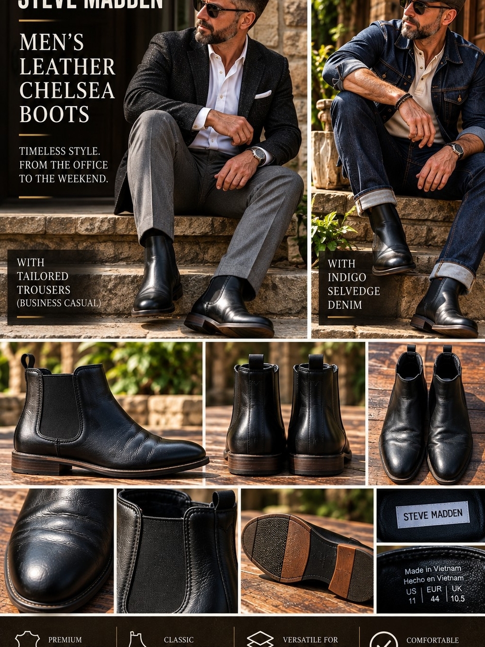 Steve Madden Men’s Black Leather Chelsea Boots Size 11 | Dress Casual